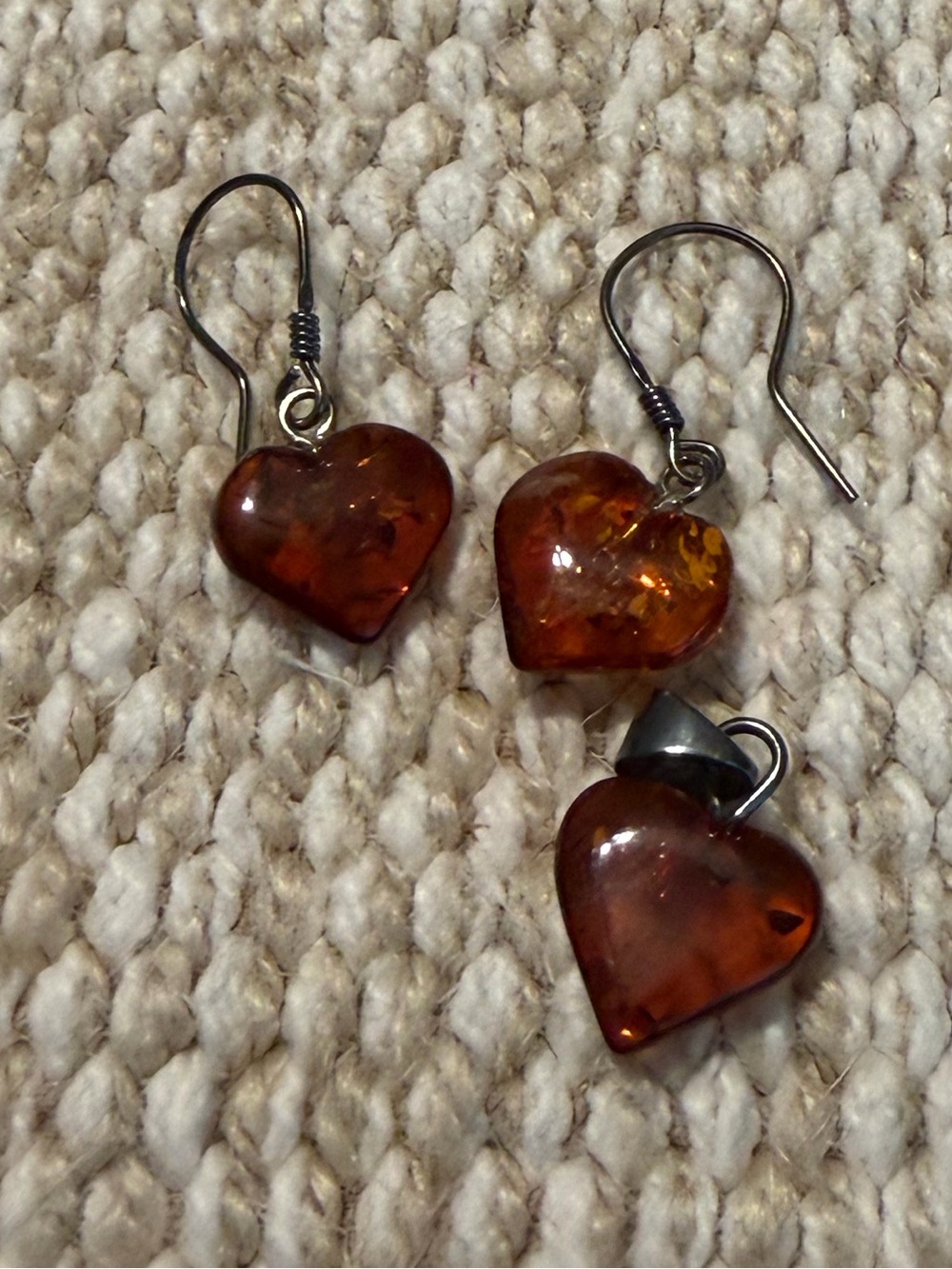 Heart Amber Drop Earrings and Necklace Pendant - Brown Amber Jewelry 3 Piece Set